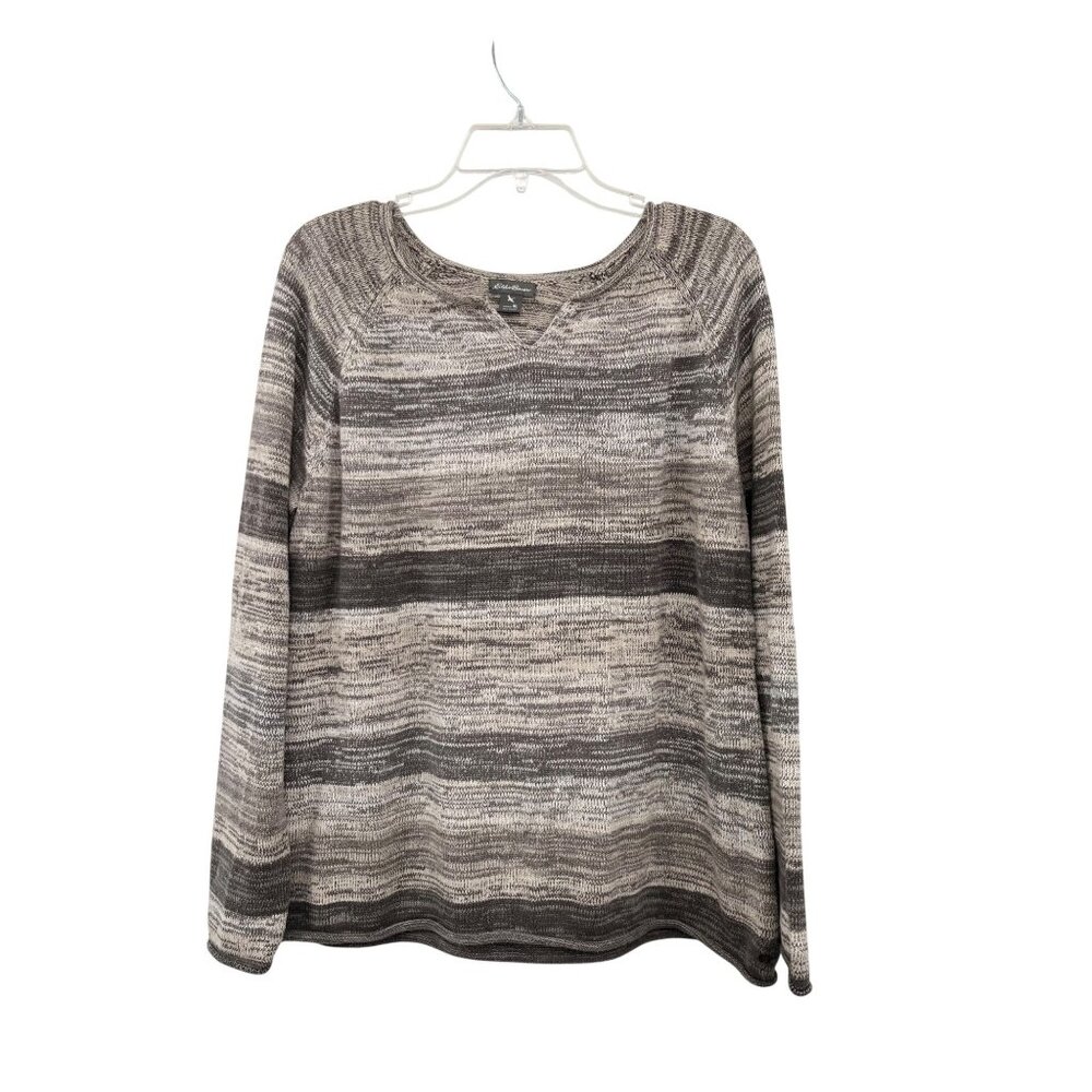 Eddie Bauer Womens XL Cotton Knit Sweater Gray Beige Striped Pullover Used